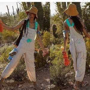 Free People Cream Overalls with Turquoise Straps